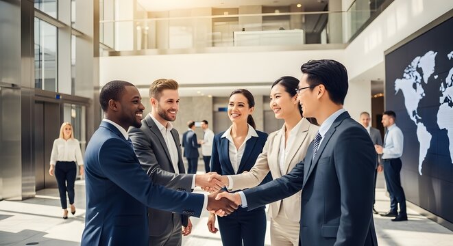 Business handshake in modern office lobby, global business, teamwork and collaboration