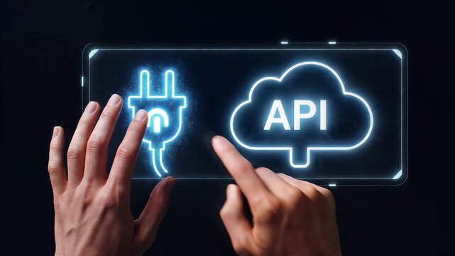 Hands Interacting with Digital Cloud API and Plug Icons on Futuristic Screen.