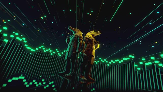 4K seamless turquoise and orange VJ loop featuring a stylized, geometric 3D Anubis deity figure with glowing circuits for VJ sets, stage screens, electronic music festivals and LED video walls