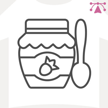 Jar of strawberry jam line icon, sweet food concept. Vector graphics. Jam jar with tablespoon sign and editable stroke, outline style icon for mobile or web design.