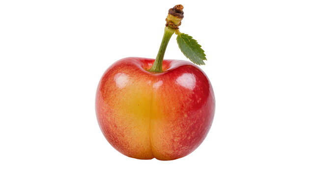 Ripe Rainier cherry with stem and leaf, isolated on transparent background