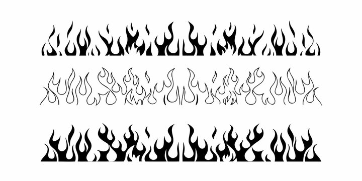 Black and white illustration depicting three rows of stylized flame graphics