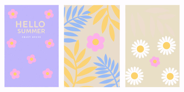 Colorful summer floral designs arranged in a vertical triptych format