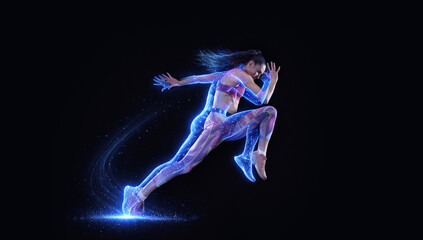 Female athlete running jump with glowing digital motion trail on dark background. Concept of fitness tracking, sports technology, motion analysis and performance improvement. © Lustre Art Group 