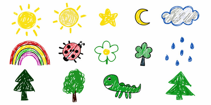 Child s drawing featuring colorful suns rainbows and various nature elements