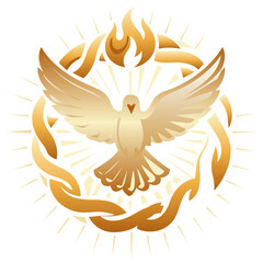 Fototapeta premium Golden Holy Spirit Dove with Flame and Circular Rays. An ornate golden illustration of a dove with an emblem of flame above its head, enclosed in a decorative circular frame with light rays.