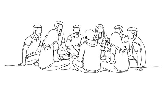 a group of people sitting in a circle. Continuous line style. Hand drawn. Line art. Vector design. illustrations