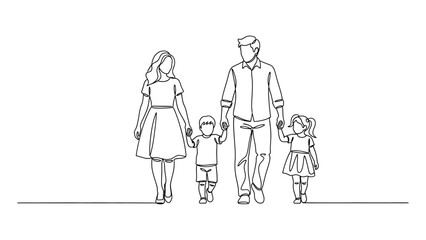 Obraz premium A family of four walking together. Continuous line style. Hand drawn. Line art. Vector design. illustrations