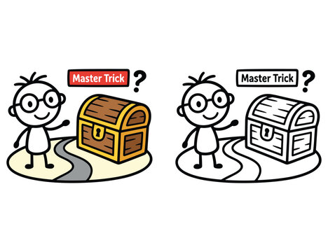 Cartoon character with glasses discovering treasure chest on path master trick concept art.