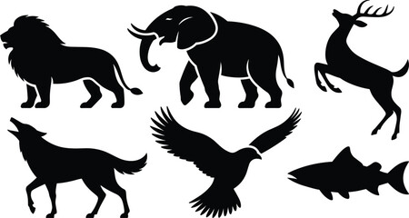 Fototapeta premium Animal silhouettes featuring lion, elephant, deer, wolf, bird, and shark representing wildlife, nature, habitats, and diverse species illustration.