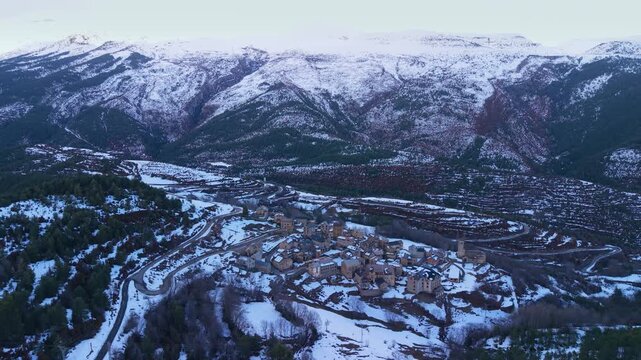 Aerial view from a drone of the winter landscape in Buis&aacute;n, in the municipality of Fanlo, in the Sobrarbe region. Province of Huesca. Autonomous Community of Aragon. Spain. Europe
