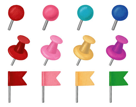 Map pin and push pin icon collection. Location marker, flag pin, thumbtack, and decorative pins isolated on transparent background for maps and design.