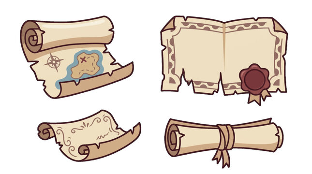 Different types of scrolls and maps showing various designs and features in simple cartoon style