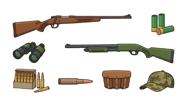 Different types of guns and hunting equipment like shells and binoculars displayed on a white background