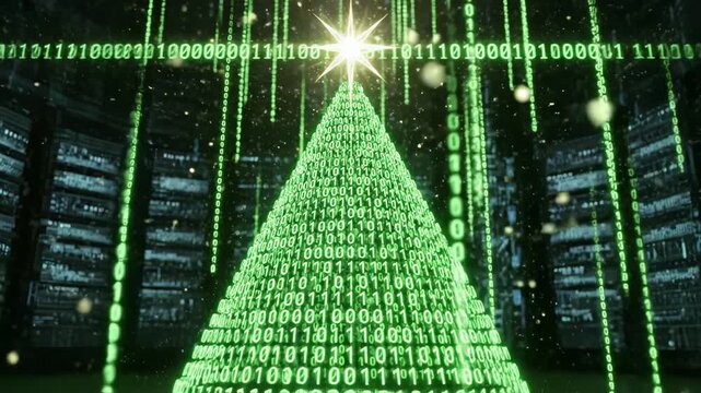 Digital Christmas tree with binary code for commercial backgrounds, digital design, and advertising