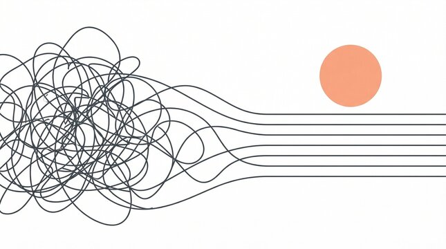 Abstract chaos to order and problem solving concept with tangled lines untangling into straight lines vector illustration