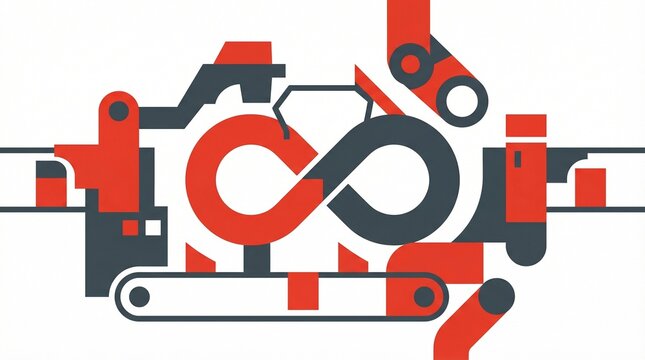 Abstract industrial automation and continuous manufacturing process with infinity loop and robotic arms vector illustration