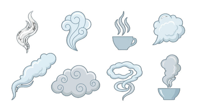 Different types of smoke and steam shapes with cups and bowls in a simple design