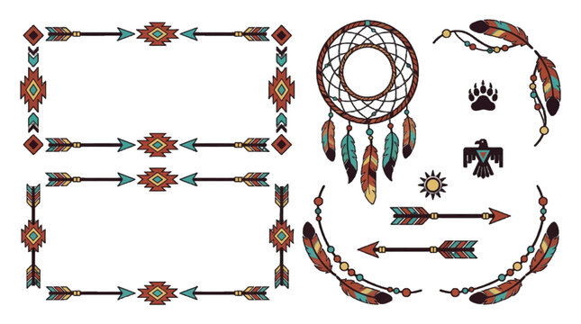 Decorative tribal elements with arrows and dreamcatchers designed for craft and art projects