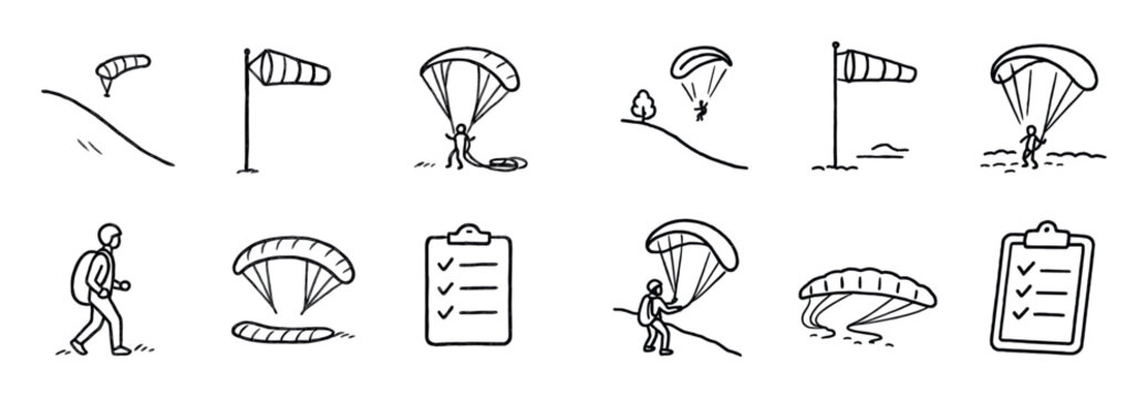 Adventure icons with parachutes windsocks minimal