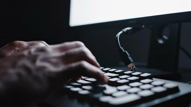 Hand keyboard computer typing cable monitor dark workspace technology focus closeup productivity office work night workplace desk screen hardware