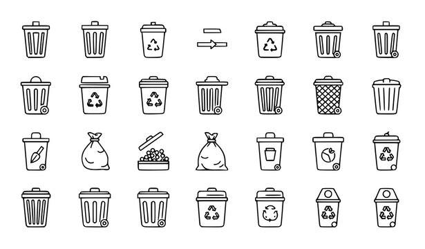 Trash can thin line icons garbage recycle waste outline vector symbols