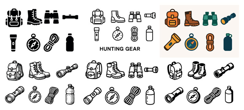 Outdoor icons with backpack boot binoculars outline
