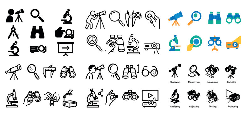Science icons with microscope telescope magnifier outline bold