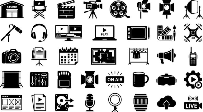 Sitcom Production. Line icon set of Sitcom Production: soundstage building, multi camera setup, lighting rig, set construction tools, prop
