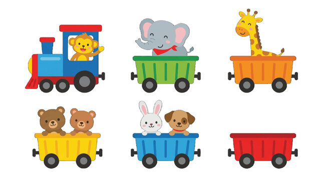 Animal train toy with cartoon animals in colorful carts on a white background