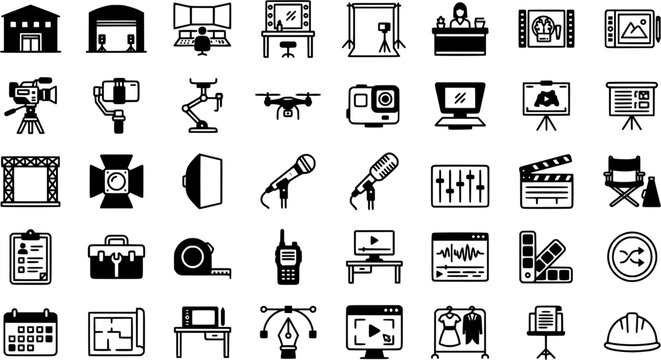 Sitcom Production. Line icon set of Sitcom Production: soundstage building, multi camera setup, lighting rig, set construction tools, prop
