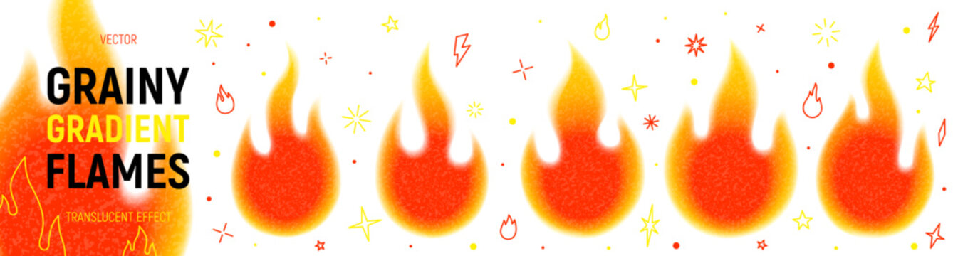 Collection of Grainy Gradient Fire Flames. Burning red, orange and yellow blaze. Bright fire flames templates with blur edges and grainy texture isolated on light background. Fire flames icons set.