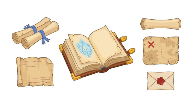 Hand-drawn collection of old scrolls and an open book on a white background showing maps and letters