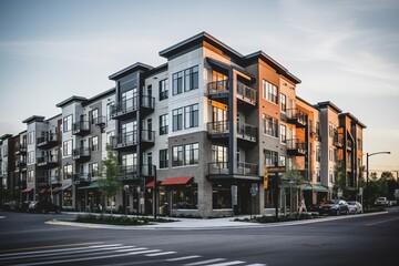 Obraz premium Mixed Use Apartment Building on Corner Lot with Retail Storefronts