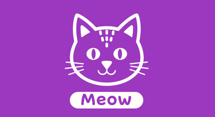 Fototapeta premium Vibrant purple cat face illustration with Meow text on white button