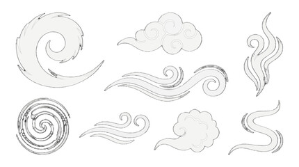 Fototapeta premium Varied designs of clouds and wind patterns shown in a simple style suitable for graphics or illustrations
