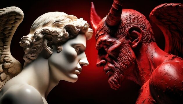 Dramatic face to face confrontation between white marble angel sculpture and red textured devil statue depicting eternal moral conflict