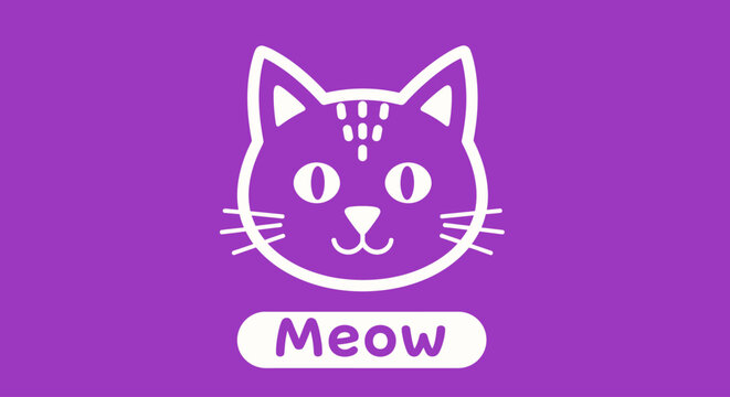 Vibrant purple cat face illustration with Meow text on white button