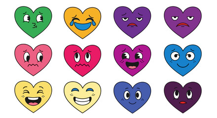 Obraz premium Colorful heart-shaped emojis display various emotions in a grid