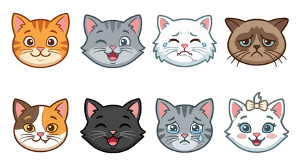 Fototapeta premium Cute cat faces showing different emotions in a colorful design with eight different characters on a white background