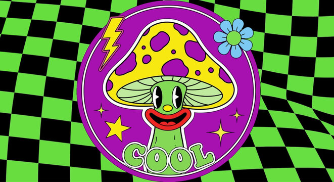 A psychedelic illustration of a smiling mushroom character on a purple circle with a green and black checkered background