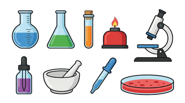 Laboratory equipment including beakers, test tubes, a Bunsen burner, and a microscope for science experiments and research activities