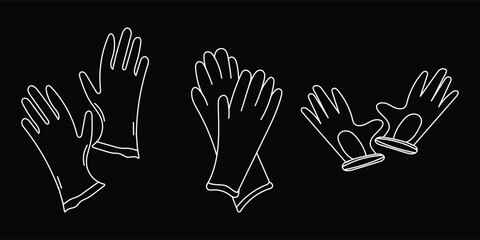 Obraz premium Gloves outline set on black background, protective safety gloves white line art collection, minimal cleaning gloves icon design