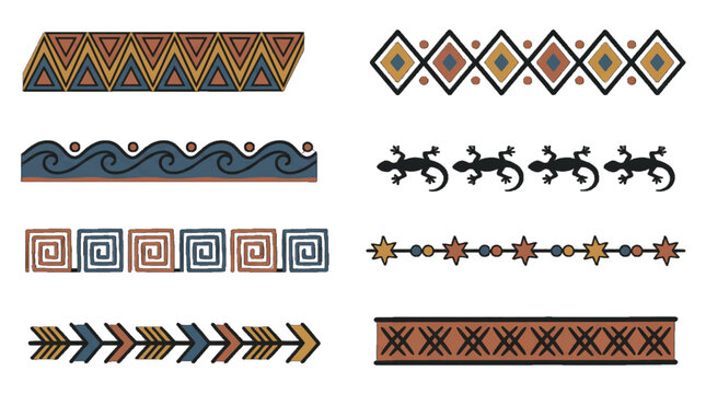 Patterns of shapes and designs from various cultures arranged in a colorful layout on a white background