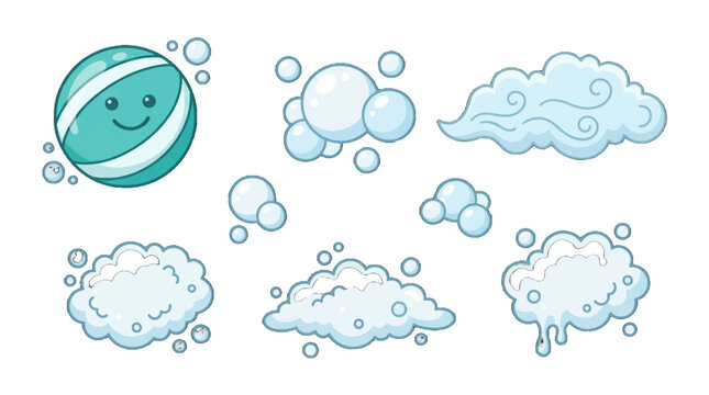 Cute cartoon bubbles and clouds with smiling ball floating in the air during a sunny afternoon