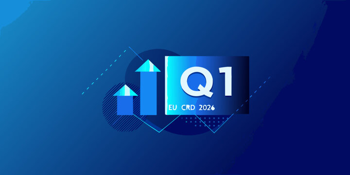 First quarter results graphic with upward trending arrows and text