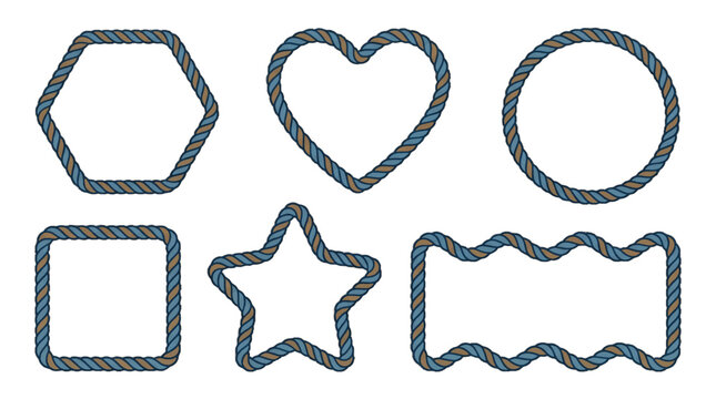 Different shapes formed with blue and beige ropes on a white background for design and decoration projects