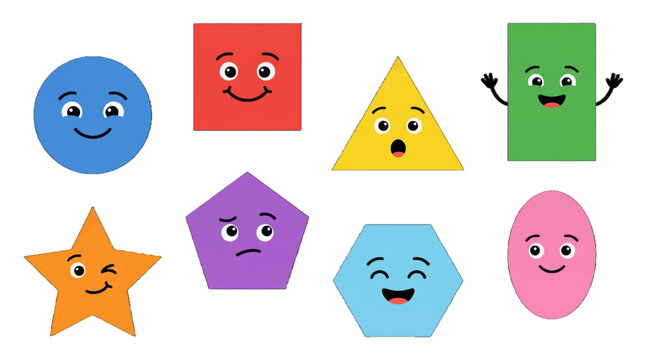 Colorful shapes with faces on a white background for children?s learning and engagement