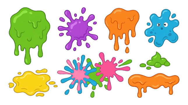 Colorful paint splashes and drips on a white background created for art and design projects in a playful style