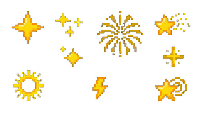 Various gold pixel icons of stars, sparkles, and fireworks with simple designs on a white background